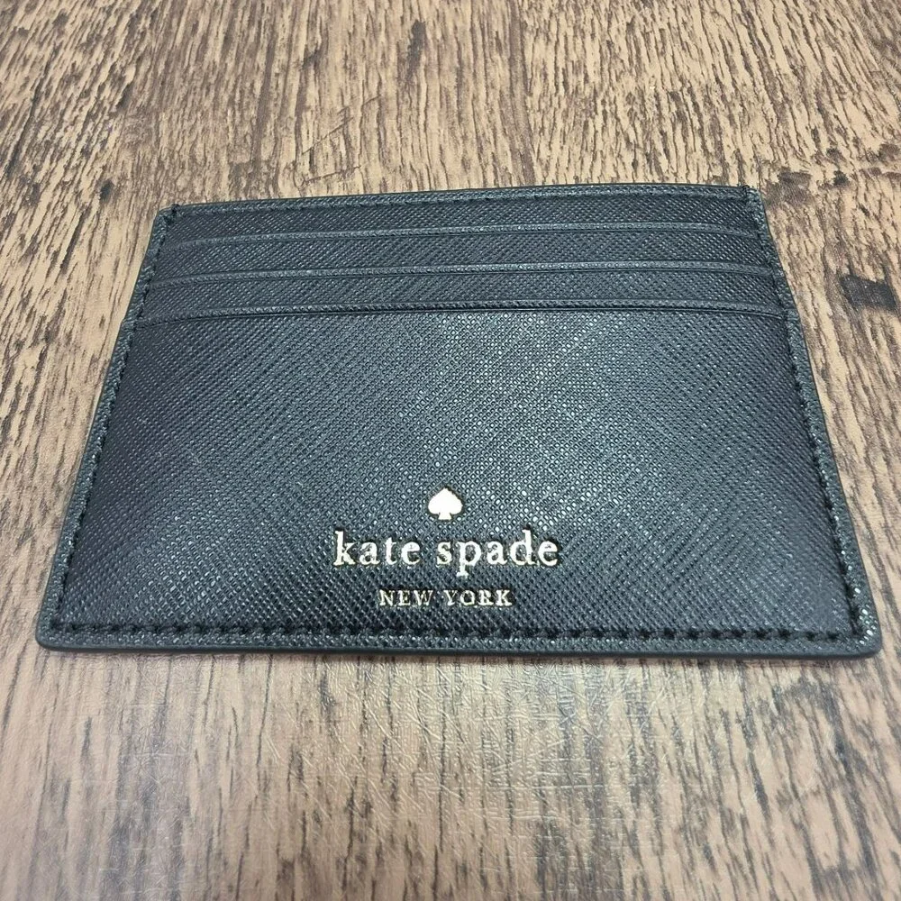 Kate Spade Card Case Holder Greta Court Graham Sparkling Black Glitter Slim Mini